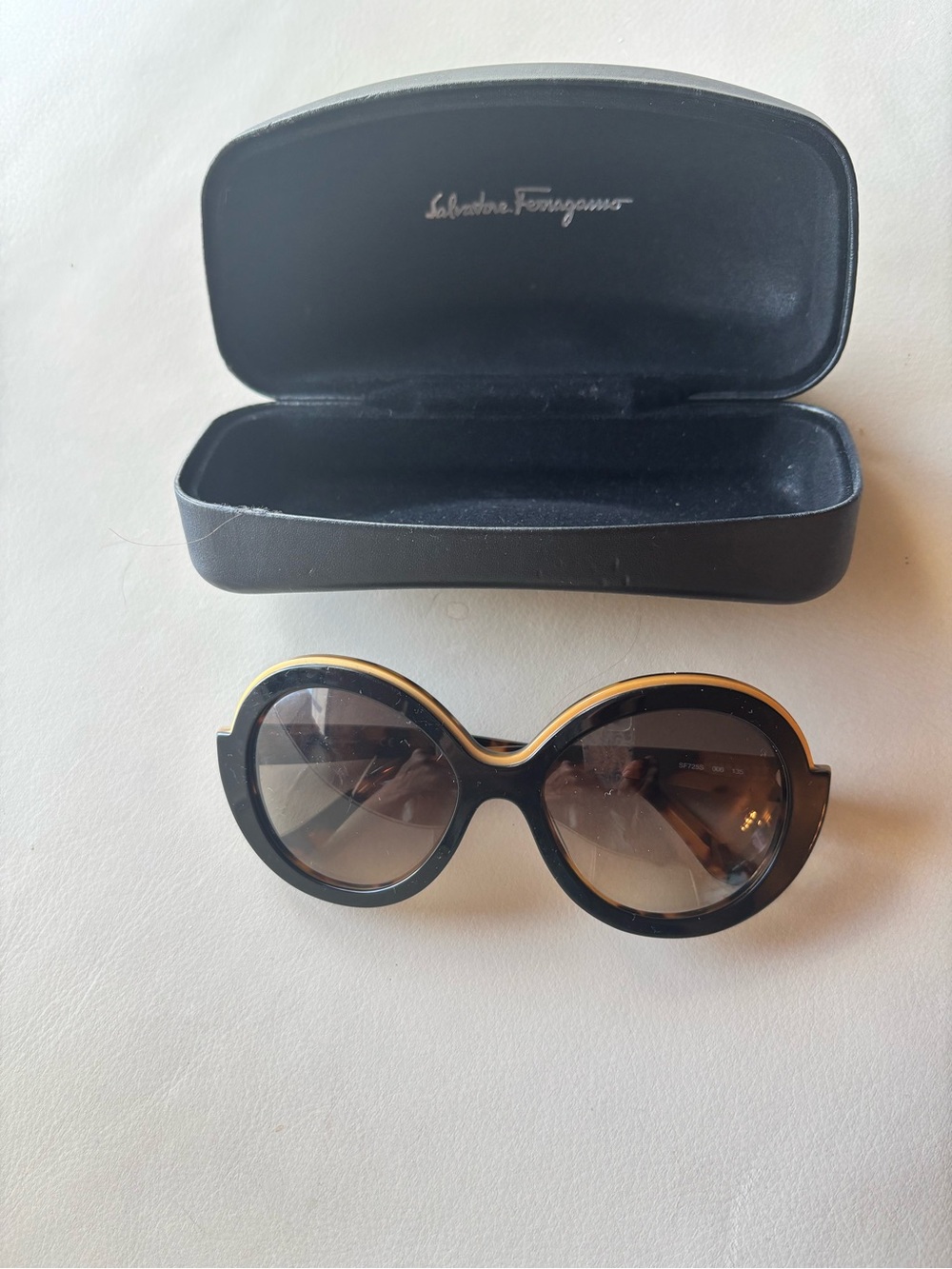 Salvatore Ferragamo Black and Gold Oversized Round Sunglasses incl case